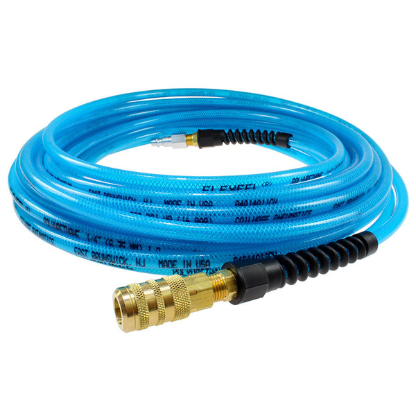 Coilhose Pneumatics Flexeel Hose 1/4" ID x 25’ 1/4" Automotive QDs w/SR Transparent Blue PFE4025TS16X